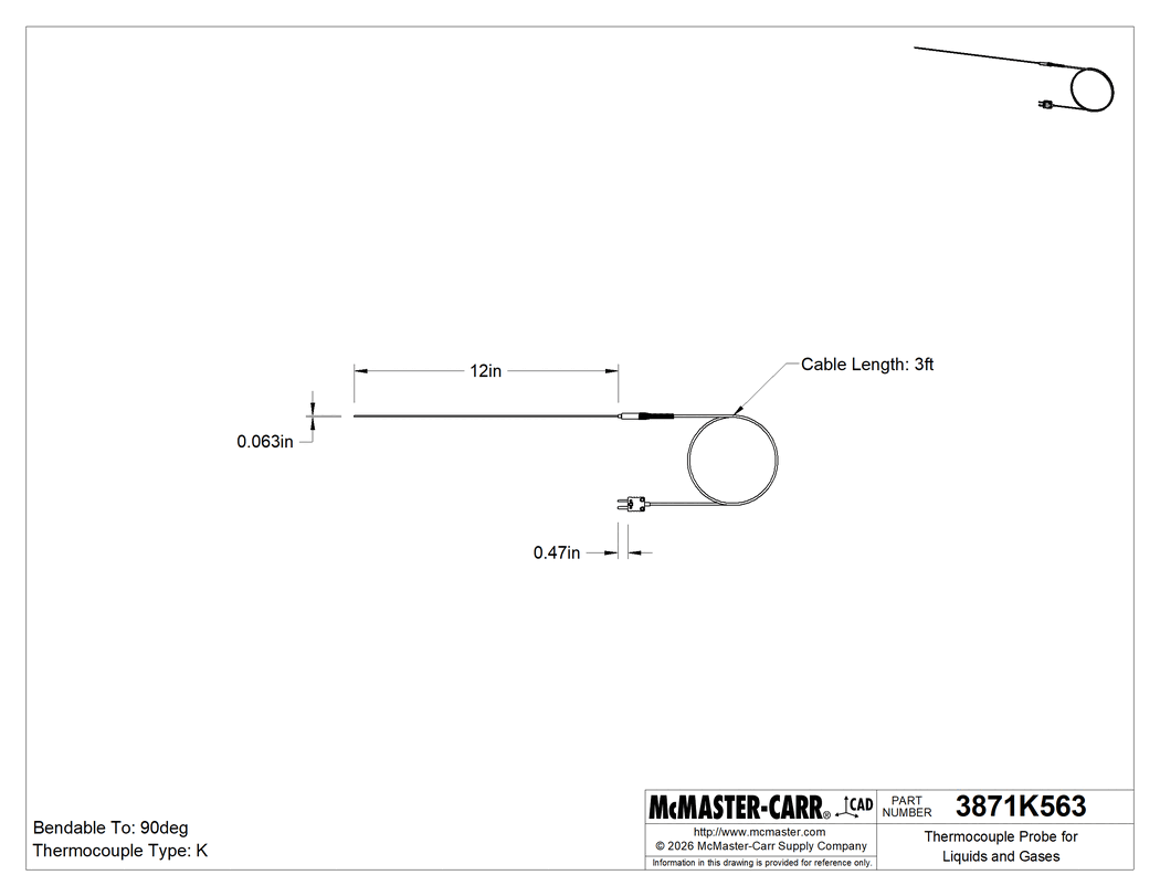 Technical Drawing of Thermocouple Probe for Liquids and Gases, Type K, Flat-Pin Mini, Cable, 12" Long x 1/16" Diameter Probe.